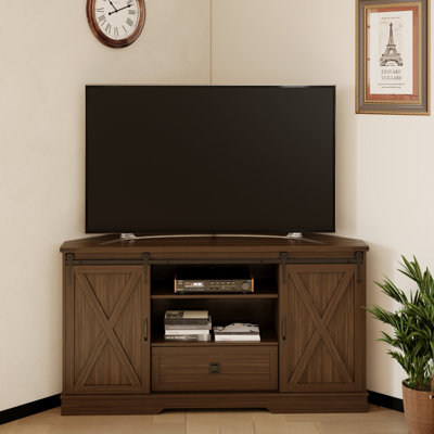 Corner TV Stand For 65 Inch TV - With Sliding Barn Door - Wood Entertainment Center - Media Console Cabinet - 58"X16"X31.5"H
