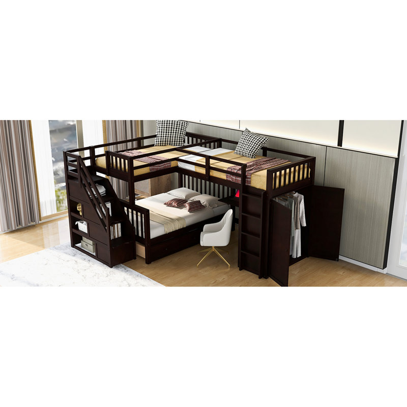 Lit superposé au-dessus d'un lit double, 3 tiroirs, bureau portable, garde-robe - conçu avec tête de lit et lattes pour matelas en forme de L