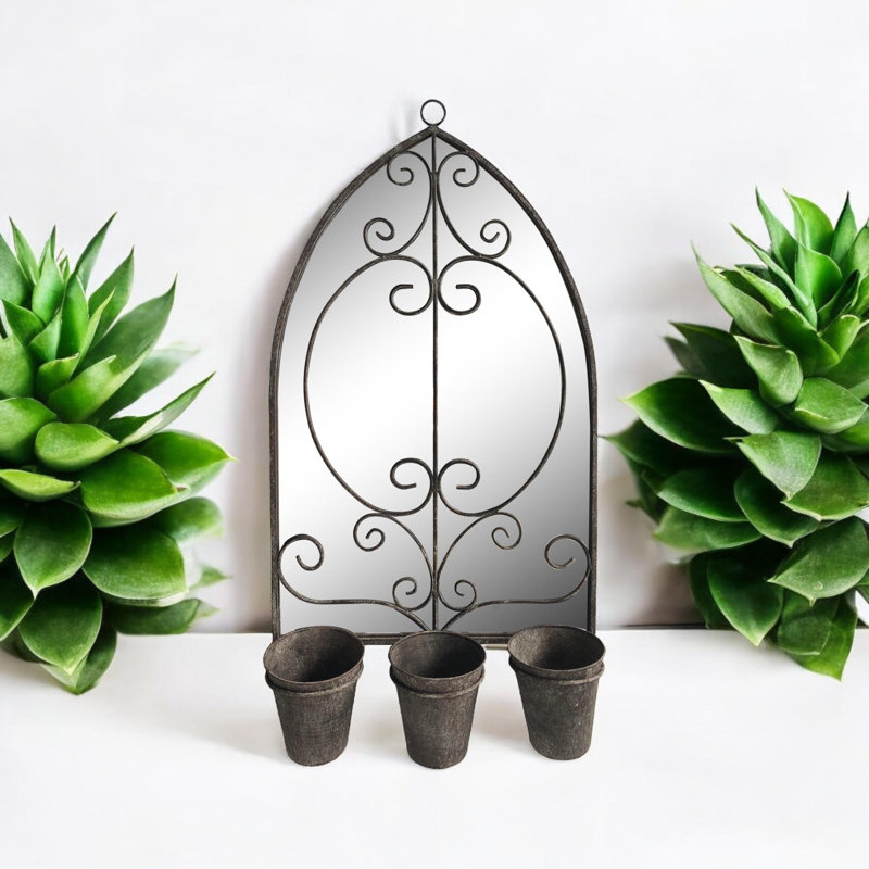 Sau Hanging Garden Mirror with 3 Planters Hand Finished Indoor Outdoor Decorative Wall Accent for Patio Home Decor