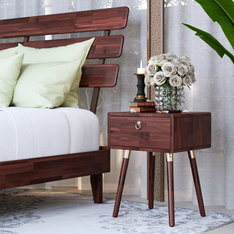Solid Wood Bedside Table With 1 Drawer, Suitable For Bedroom And Living Room, Walnut