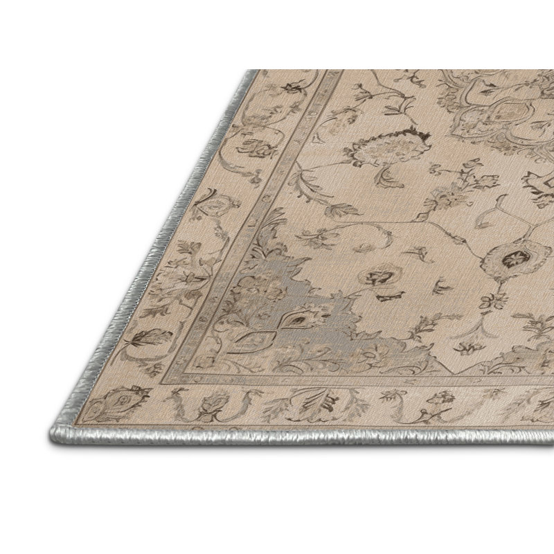 Machine Washable Tabriz Beige Area Rug, Round 4'