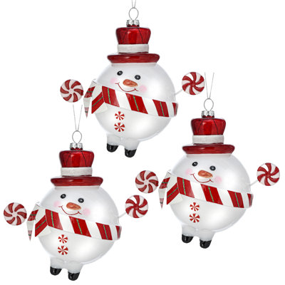 6" Glass Peppermint Snowman Ornament 