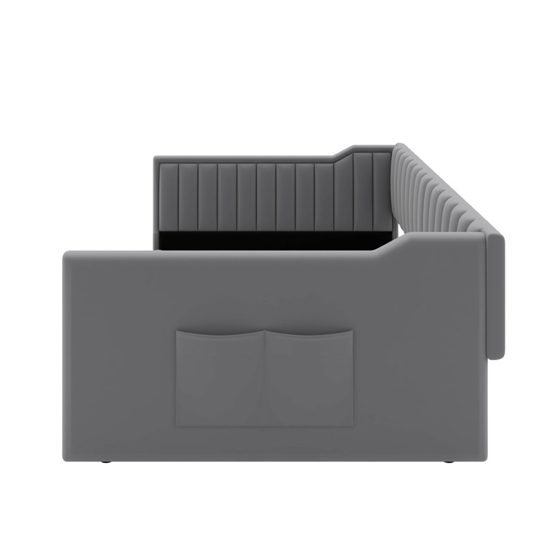 Upholstery Daybed With Side Storage Pocket, Gray, Twin Extra-Long