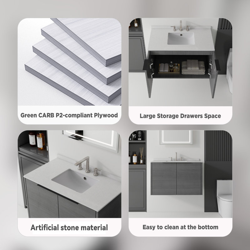 Ensemble de vanité de 91 cm (36 po) avec lavabo, comptoir et dosseret en marbre reconstitué, armoire suspendue en contreplaqué, portes à fermeture amortie, gris