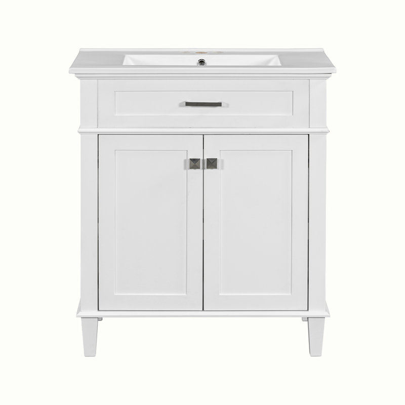 meuble-lavabo avec lavabo en céramique, porte à fermeture douce et tablettes réglables, Blanc, Argent argent