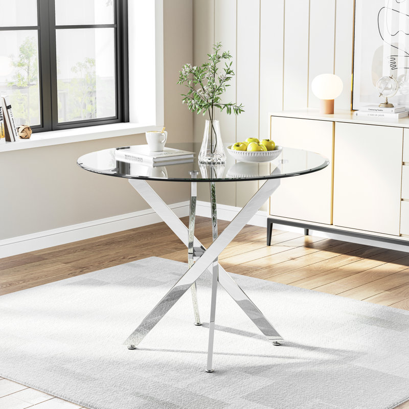 Round Glass Top Metal Base Dining Table, Silver