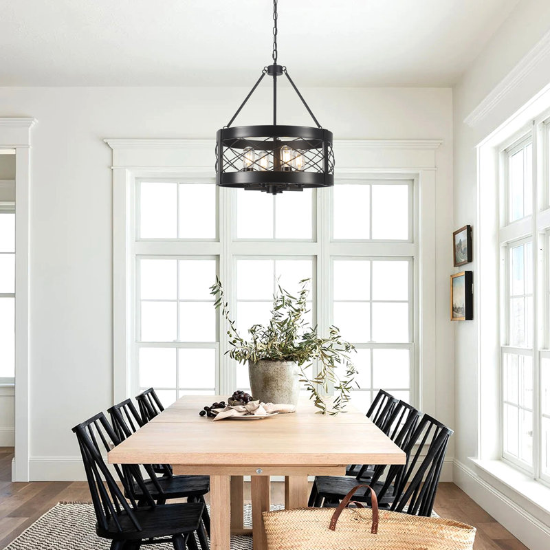 4 - Light 17.71-inch Dimmable Farmhouse Drum Chandelier Modern Industrial Metal Cage Pendant Lighting for Dining Room Bedroom Living Room Chandelier