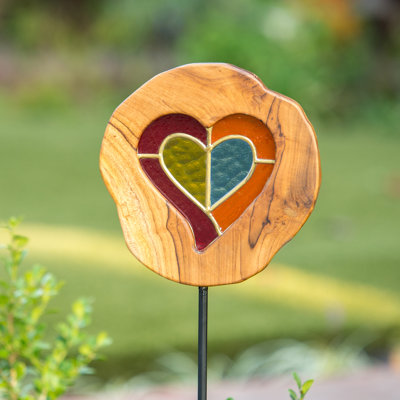 Teak Slab Stained Glass Heart Garden Stake 4FT