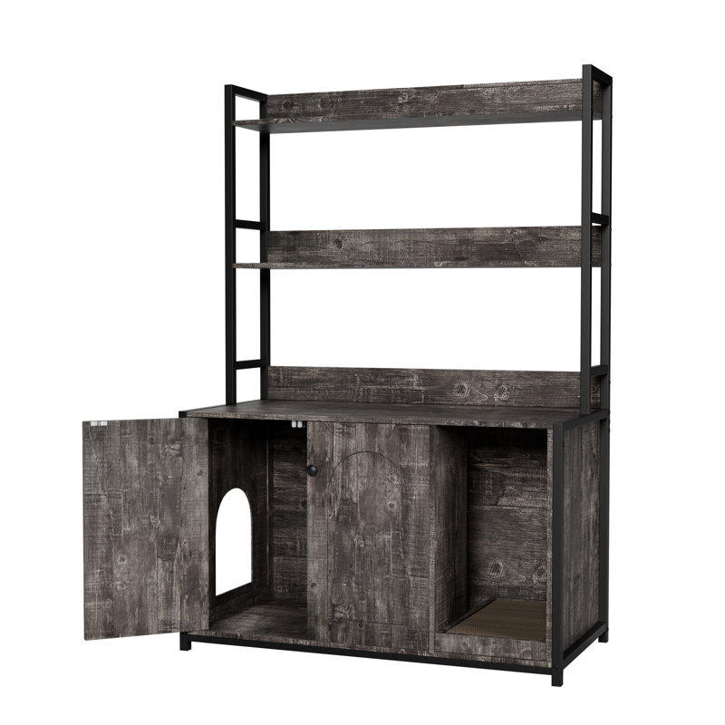 Enceinte de litière pour chat gris avec portes doubles, tablette de rangement et tablette à gratter, armoire de rangement intérieure stable - conception de porte, coussin de salle de bain dissimulé