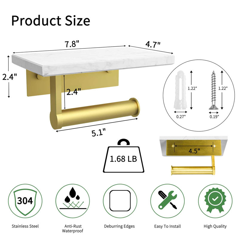Toilet Paper Holder with Shelf Wall Mounted Toilet Tissue Roll Holder for Bathroom, Brushed Gold/White Marble