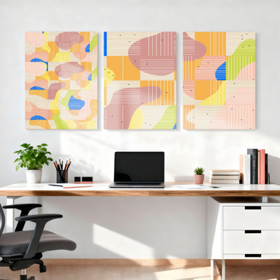 Ensemble de 3 tableaux sur toile aux formes géométriques abstraites et aux couleurs pastel, pour la décoration du salon et de la chambre.