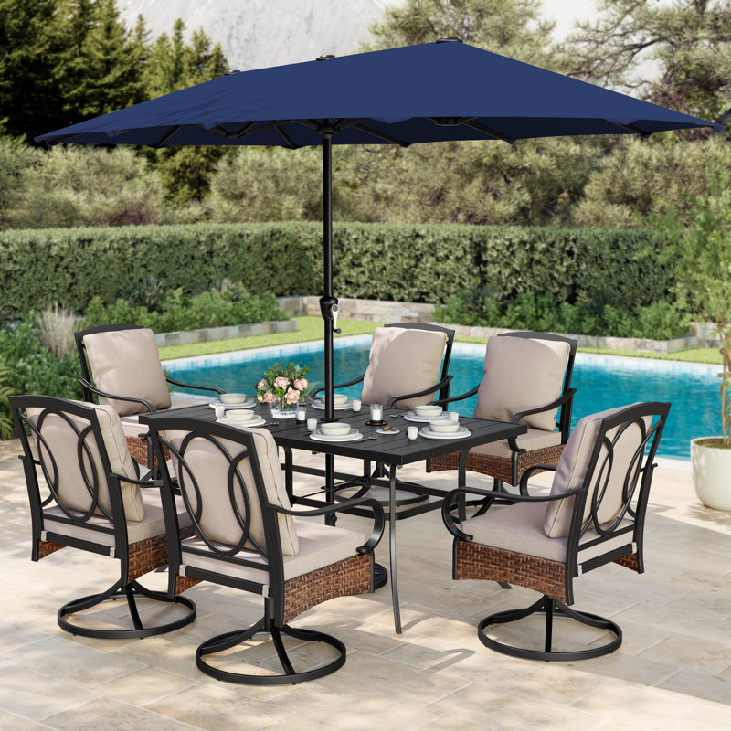 Ensemble de salle à manger rectangulaire pour 6 personnes de 60 po avec coussins et parasol Leonard, Bleu marine