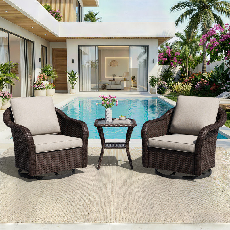 3-Piece Wicker Swivel Patio Bistro Set with Glass Table, Beige