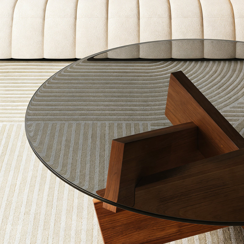 Table basse ronde de style Mid-Century pour votre salon - 70 x 31 cm, structure en verre et noyer, esthétique contemporaine, guide d'assemblage rapide adapté à la taille de votre pièce, noyer trempé, design élégant.