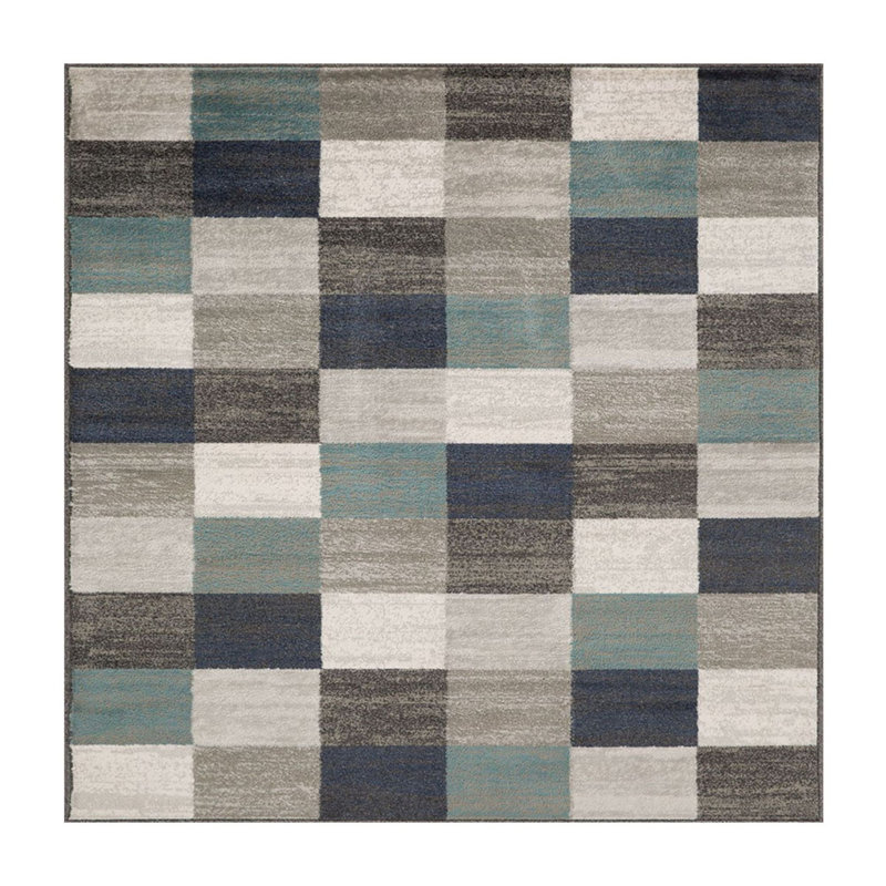 Blue And Grey Geometric Power Loom Stain Resistant Area Rug
