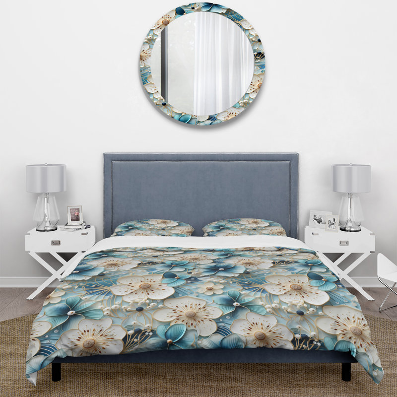 Ensemble de housse de couette fleurs bleues et blanches Simplicity, Housse de couette simple + 1 taie décorative stan