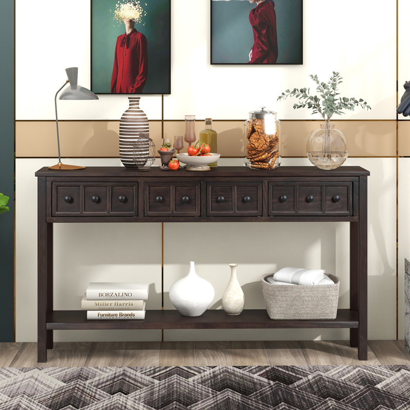Entryway Console Table, 60" Long Sofa Table With Two Different Size Drawers And Bottom Shelf, Espresso, 34" H x 60" W x 11" D