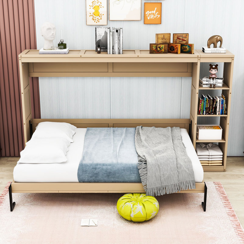 Lit escamotable en bois avec bibliothèque, Naturel, Double