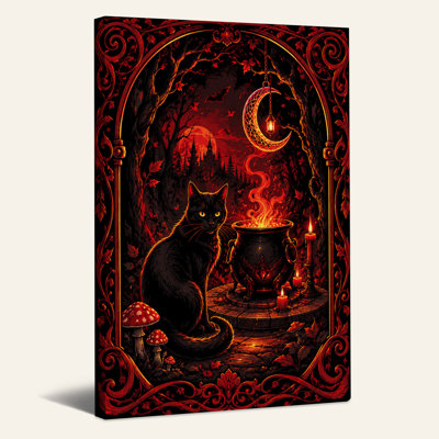 Art mural sur toile, "Chat noir et chaudron bouillonnant sous la lune rouge"