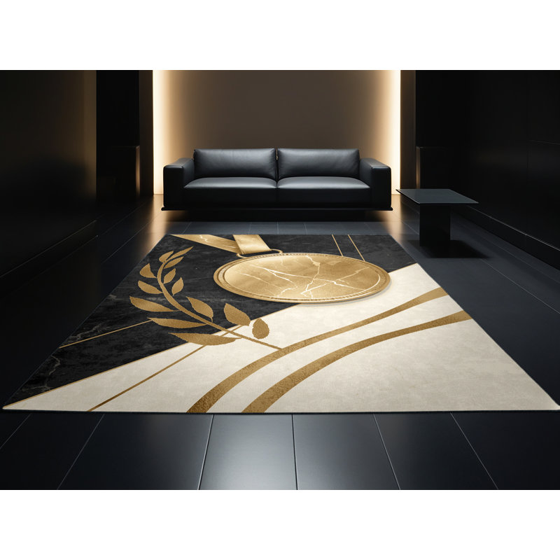 Tapis en marbre luxueux et doré lavable à la machine Takengon, 2 x 5