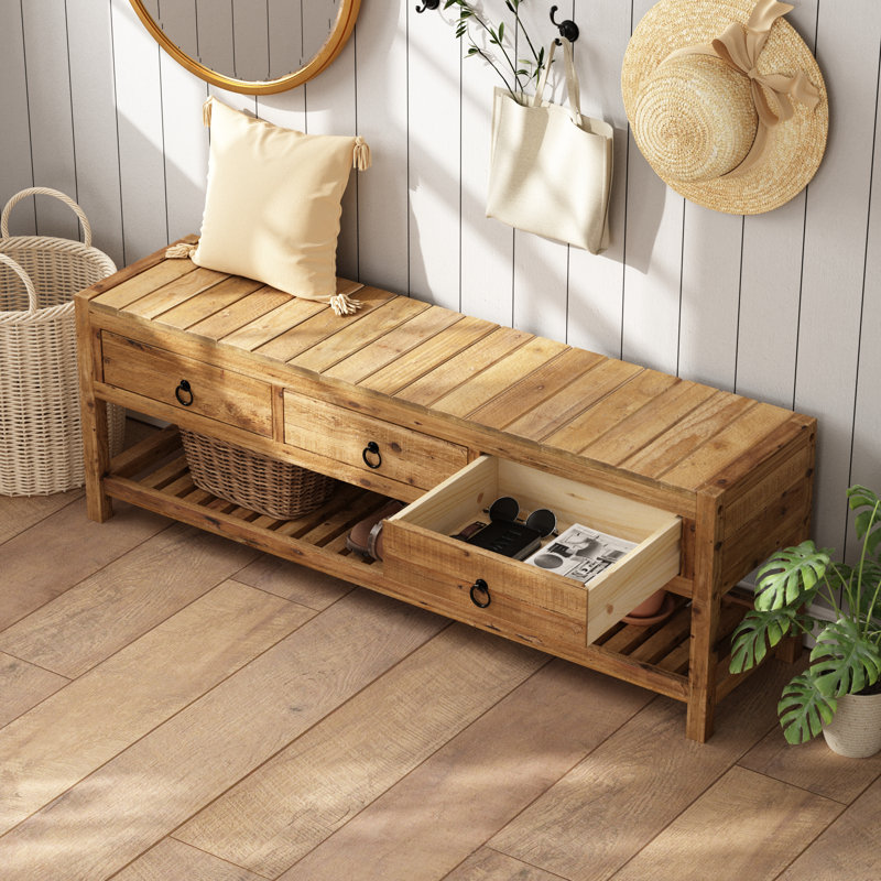 Banc de rangement en bois massif récupéré avec tablettes de rangement, H 15,7 po x l 45,3 po x P 11,8 po - 3 tiroirs
