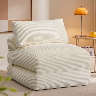 Convertible Chair Bed, Corduroy Folding Futon Chair with Removable Cover, 35 x 35 x 31 inches, Light Warm White
