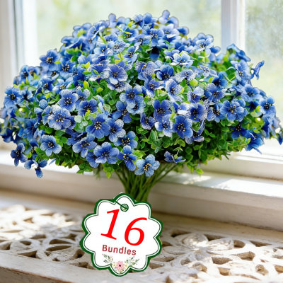  16 paquets de fleurs artificielles d'extérieur résistantes aux rayons UV, fleurs artificielles bleues en soie synthétique de 14 pouces pour le patio, le jardin et le balcon, pots non inclus