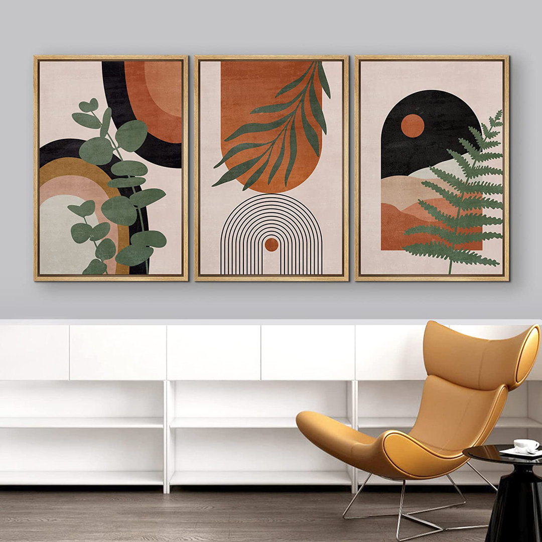 Mid Century Modern Boho Geometric Desert Dune Jungle Palm Leaf - 3 Piece Floater Frame Graphic Art Set on Canvas IDEA4WALL 