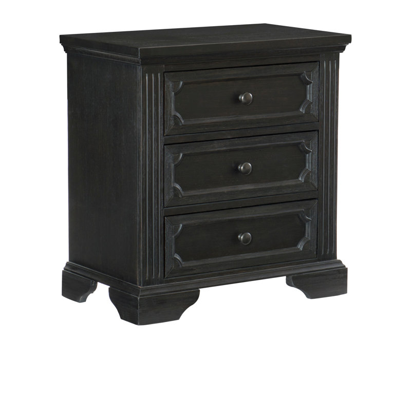 Table de chevet traditionnelle rustique, 3 tiroirs avec finition gris anthracite et motif Grace en gris anthracite pour une chambre à coucher