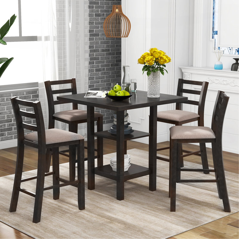 5-Piece Wooden Counter Height Dining Set With Padded Chairs And Storage Shelving (Espresso), Espresso