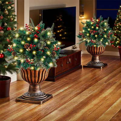 2 pièces de remplissage pour urne d'arbre de Noël artificiel pré-éclairé, remplisseur de pot de Noël avec lumières, verdure d'arbre de Noël artificiel pré-éclairé, arbres de Noël artificiels éclairés avec piquet de trépied