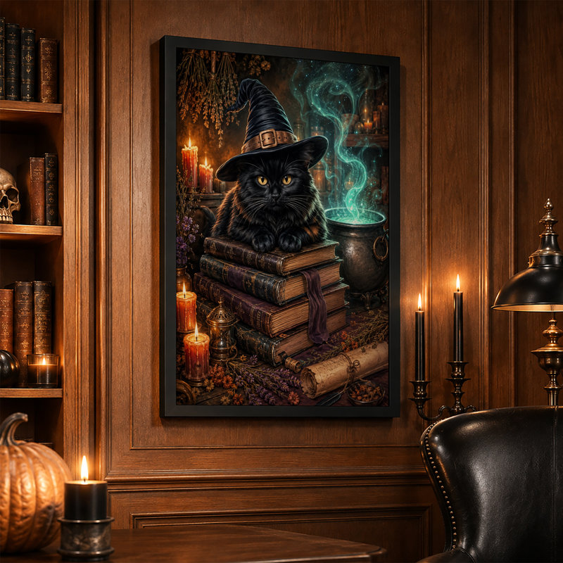 Art mural sur toile, "Chat noir en chapeau de sorcière avec livres", 36"H x 24"W