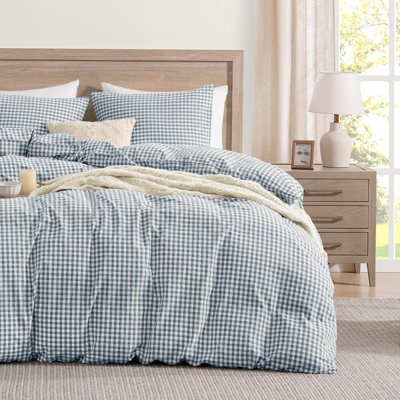Housse de couette en vichy bleu Andency pour grand lit, ensemble de housse d'édredon respirant texturé en lin 100% coton délavé, ensemble de literie à carreaux carreauté teint en fil classique 3 pièces, 90 po x 90 po
