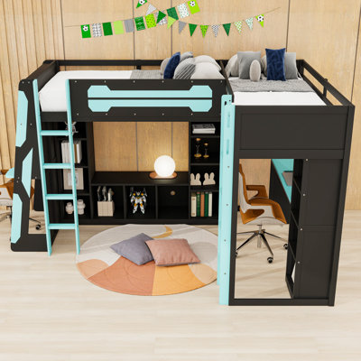 Lit mezzanine simple et simple en bois avec lumières DEL, meuble télé et ports USB