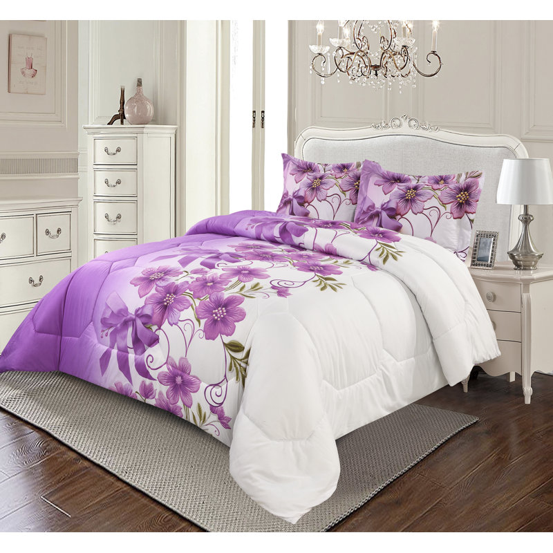 Purple Trendy Printed Bedspread Floral Design Quilted with Pillow Shams, Super King Bedspread + 2 Standard Shams