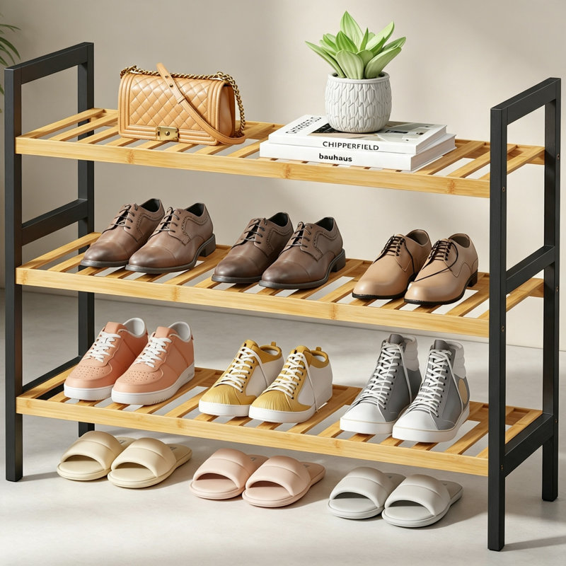 9 Pair Shoe Rack, Natural/Black