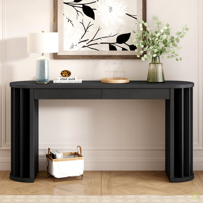 59-Inch Long Console Table, Veneer Sofa Table,Curved And Straight Line Design,Behind The Couch, Farmhouse Entryway Table For Entrance, Hallway, Living Room