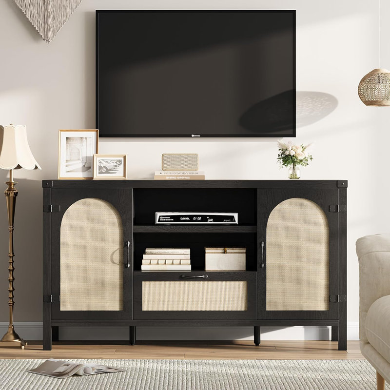 Sideboard Buffet Cabinet with Storage, 59" Large Rattan Storage Cabinet with Drawers, Farmhouse Coffee Bar Cabinet, Black