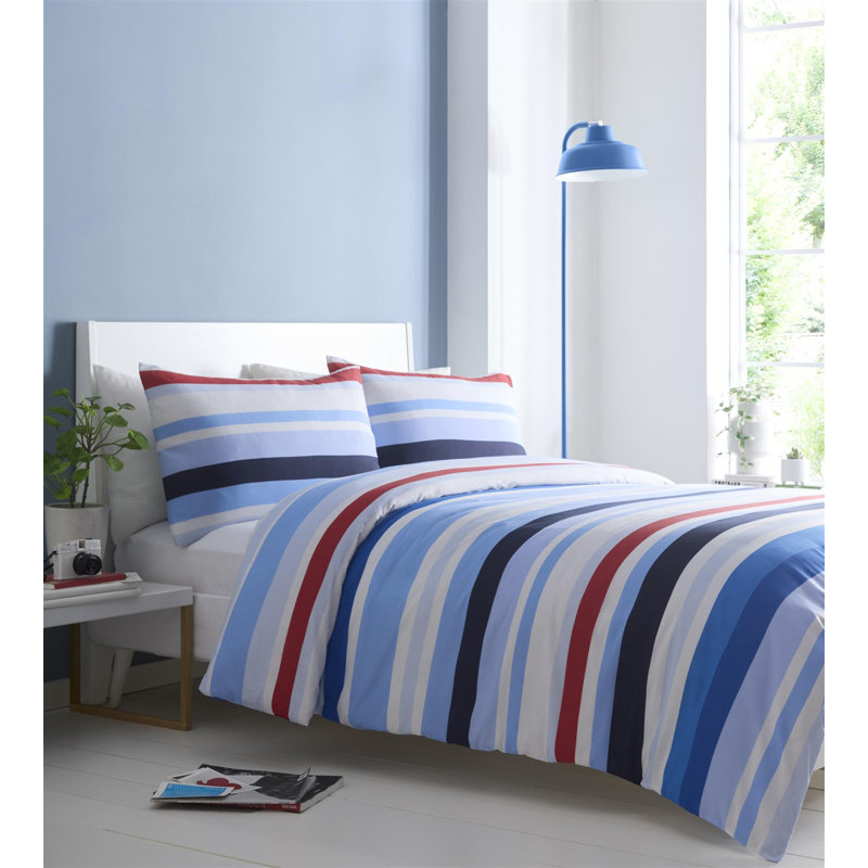Wetumka Cotton Blend Striped Bedding with Pillowcases, Blue, Super King Duvet Cover + 2 Standard Pillowcases