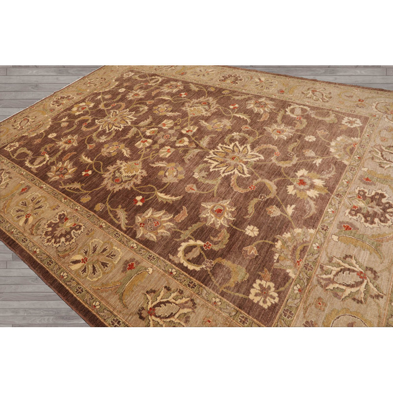 Tapis rectangulaire unique en laine brun / brun clair / sauge / ivoire 9 pi x 12 pi One-of-a-Kind
