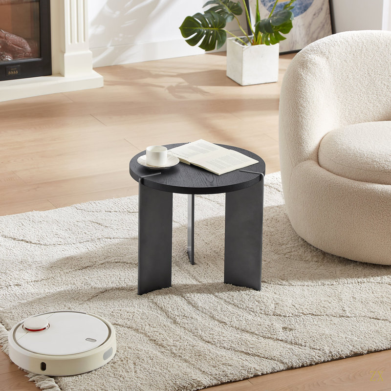 Table basse ronde en bois avec pieds en métal noir