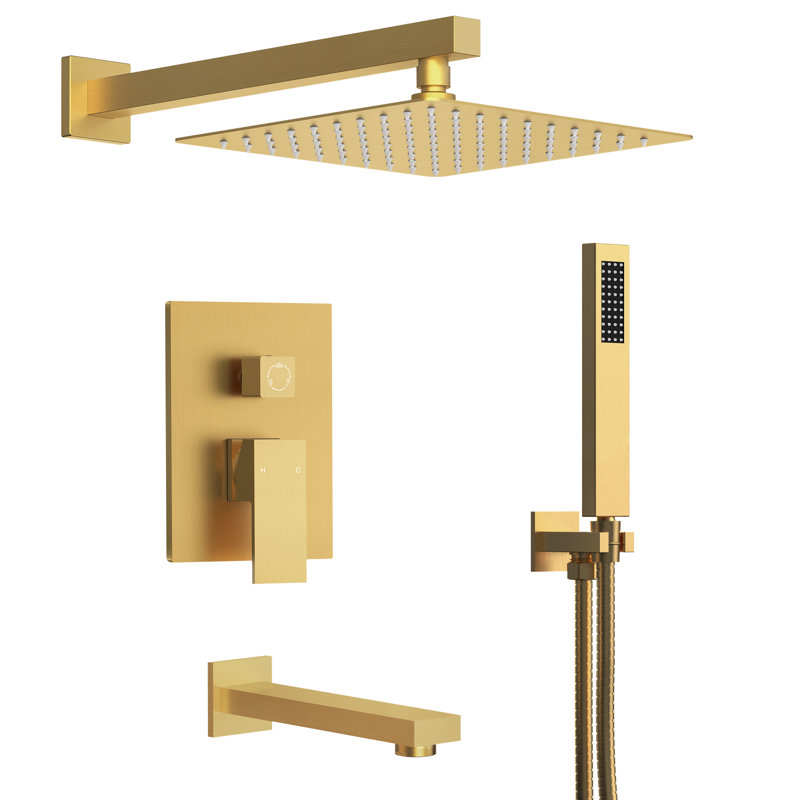 Wall Mount 10" High-Pressure Rainfall Shower System, Tub Shower Faucet Set with Rough-in Valve, Brushed Gold
