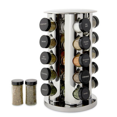 20 Jar Revolving Countertop Spice Rack With Spices Included, FREE Spice Refills For 5 Years, Polished Stainless Steel