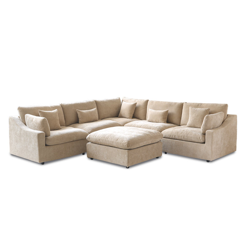 6 - Piece Slipcovered Sectional With Ottoman, Khaki Linen Blend