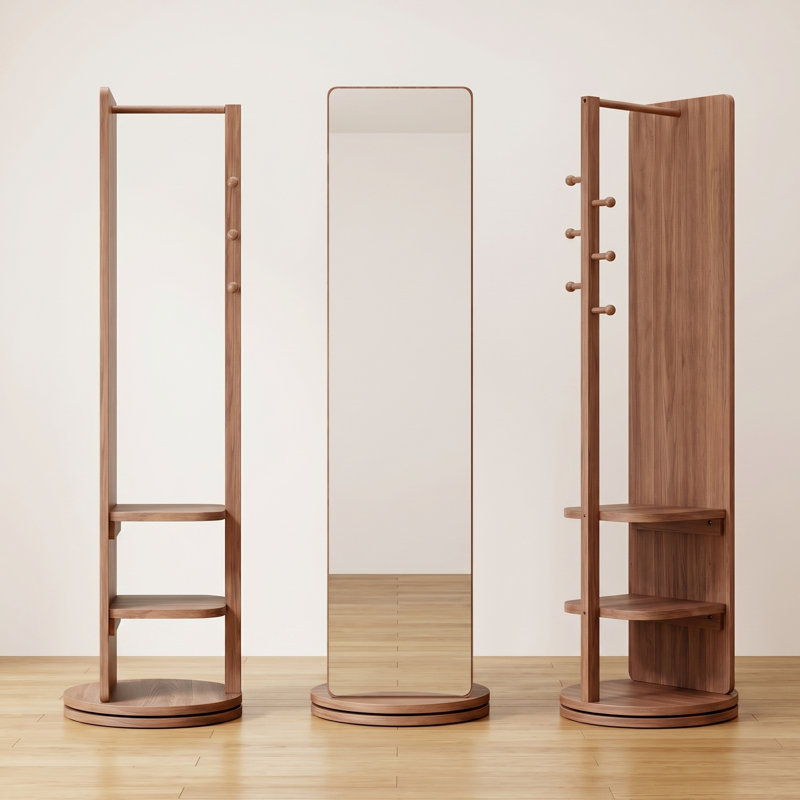 360° Rotating Solid Wood Full-Length Mirror with Coat Rack & Storage Shelves, 66" Freestanding Floor Mirror with Hooks for Bedroom, Living Room, Cloakroom