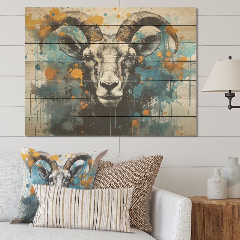 Portrait de fleurs de chèvre bleues et jaunes - animal de chèvre sur bois, H 24 po x l 32 po