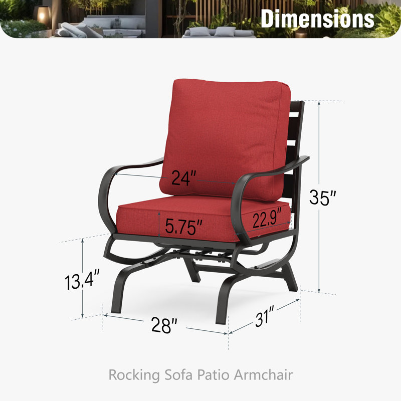 Argirios Metal Patio Rocking Lounge Chair with Cushions (Set of 2), Red