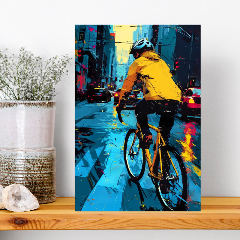 «Rainy City Cyclist Abstract Contemporary City», reproduction d'art mural, H 18 po x l 12 po