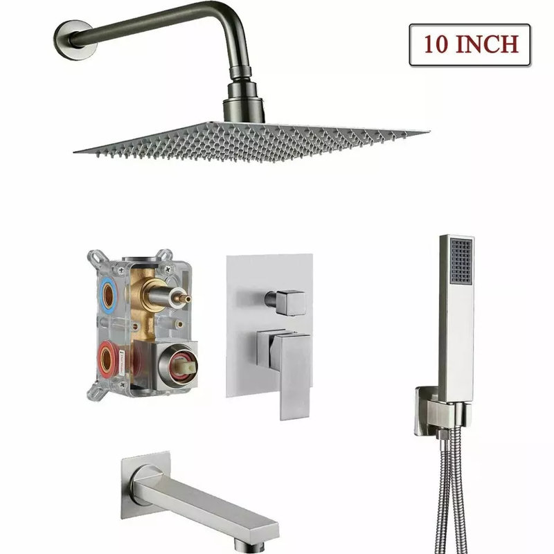 Ensembles de robinet de douche à pluie 10 "avec bec de baignoire en cascade et nickel brossé à main
