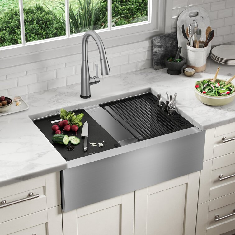 Delta Rivet™ 30" L Workstation Farmhouse Apron Front Kitchen Sink  Undermount 16 Gauge Stainless Steel Single Bowl  Reviews Wayfair